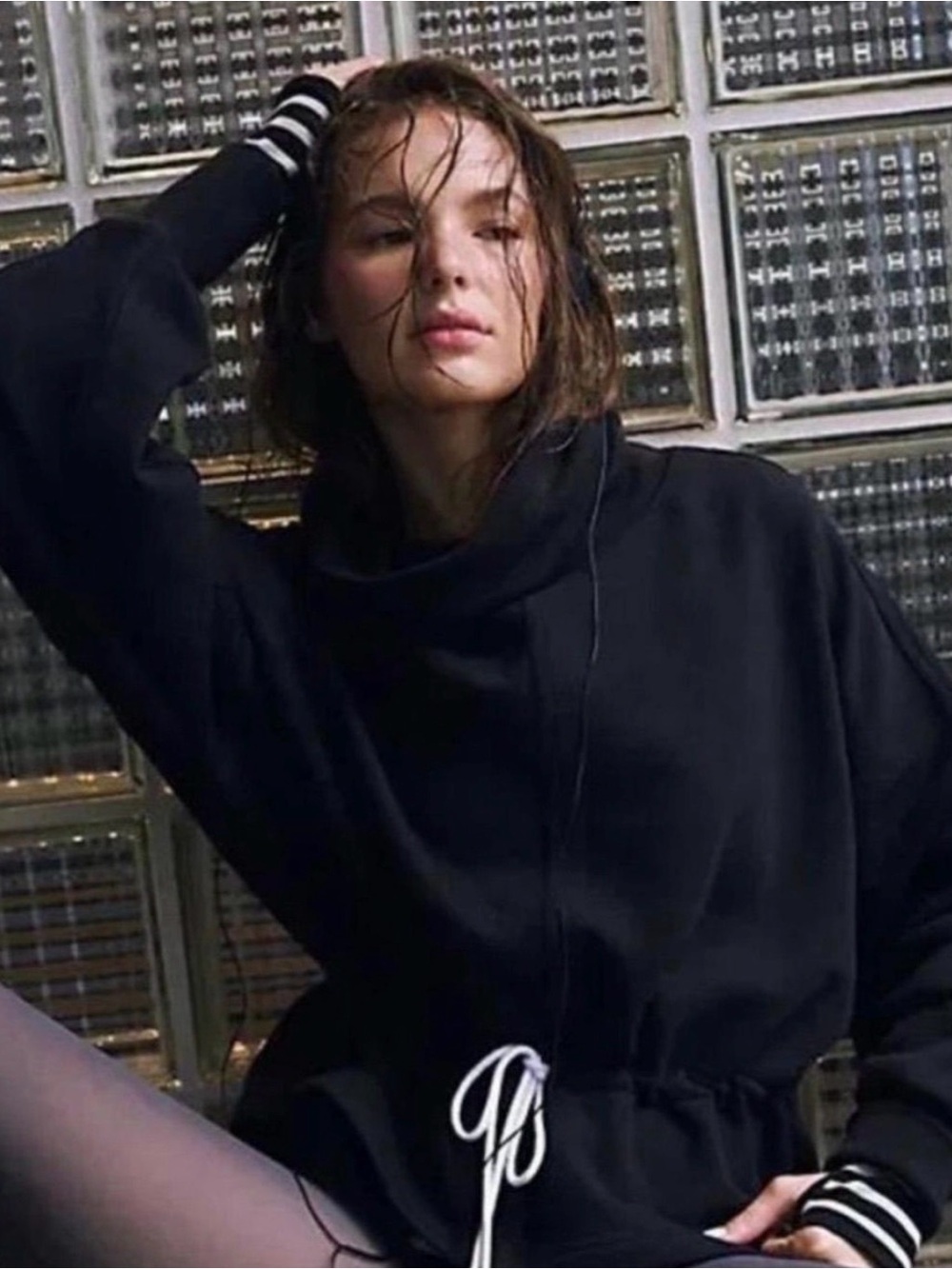 Free People Black Drawstring Funnel-Neck Women's Sweatshirt